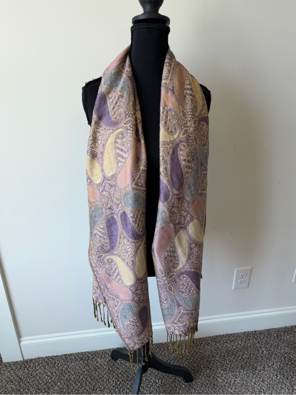 Pashmina & Silk Paisley Scarf in Pink, Purple & Gray Tones Fringe Fall Cozy